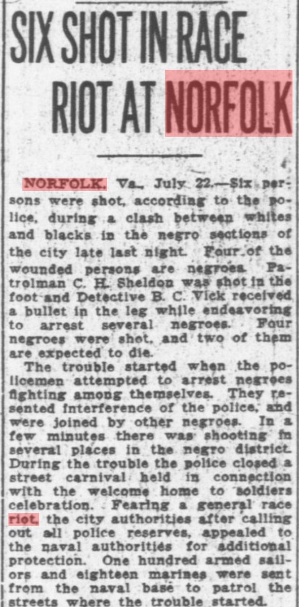 75) A welcome-home celebration for returning black World War I veterans in Norfolk, Virginia, on July 21 attracted a vicious mob of white sailors and Marines who were handed weapons and told to enforce the peace. Two people were killed, six wounded.   https://en.wikipedia.org/wiki/1919_Norfolk_race_riot