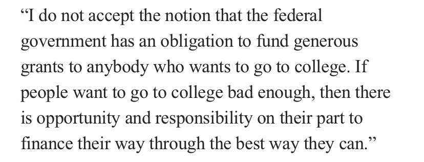 This thinking gained steadily in popularity over time (ahem, see ISAs today) and especially once Reagan took office. His budget director, David Stockman, saw NO problem in loading students up with debt if they wanted college. This is 1981.