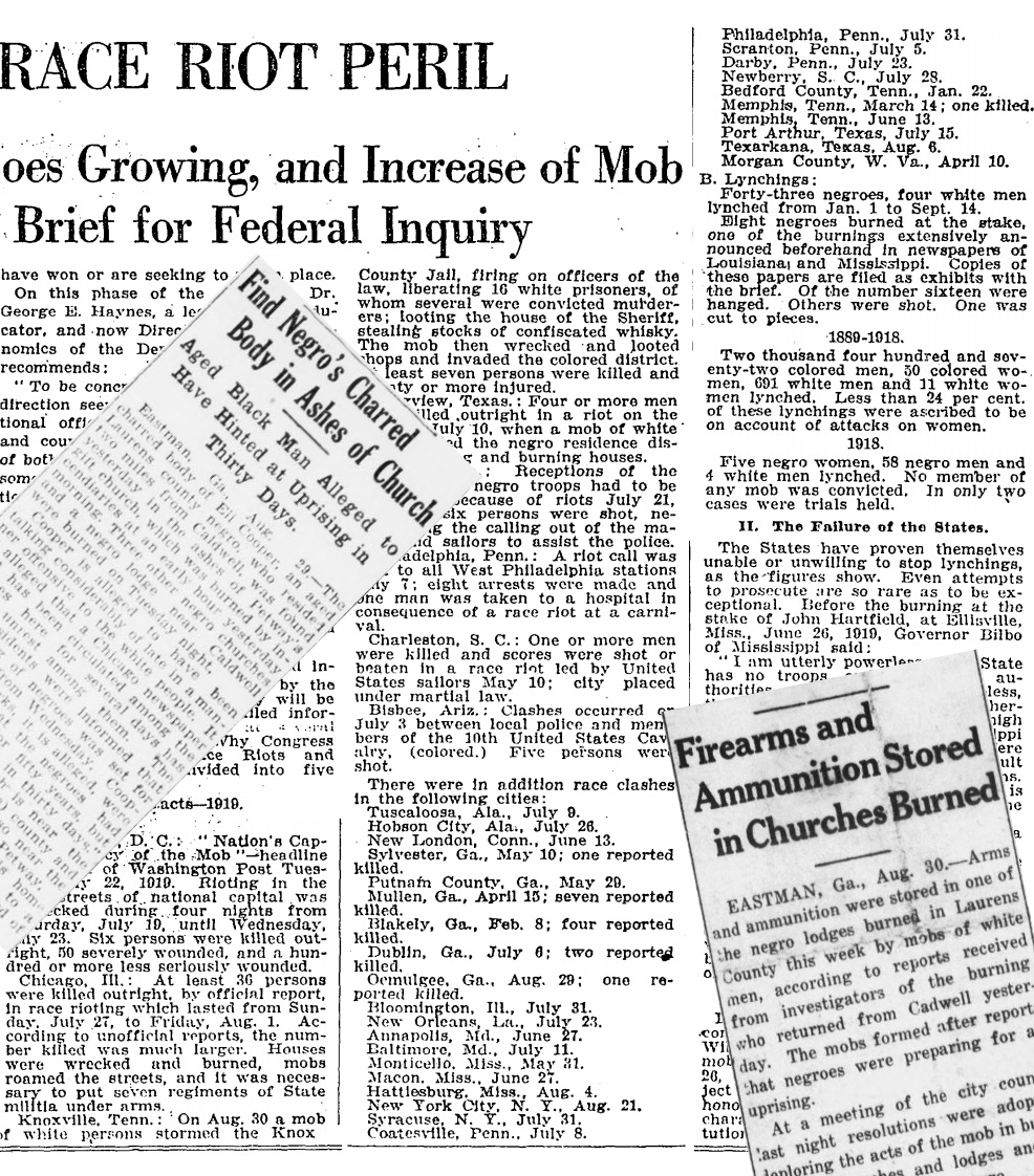 81) In Laurens County, Georgia, a mob of white men kidnapped a black man perceived to be a leader in the black community and lynched him in Ocmulgee. Then they proceeded to burn down three black churches and a community building. https://en.wikipedia.org/wiki/Laurens_County,_Georgia_race_riot_of_1919