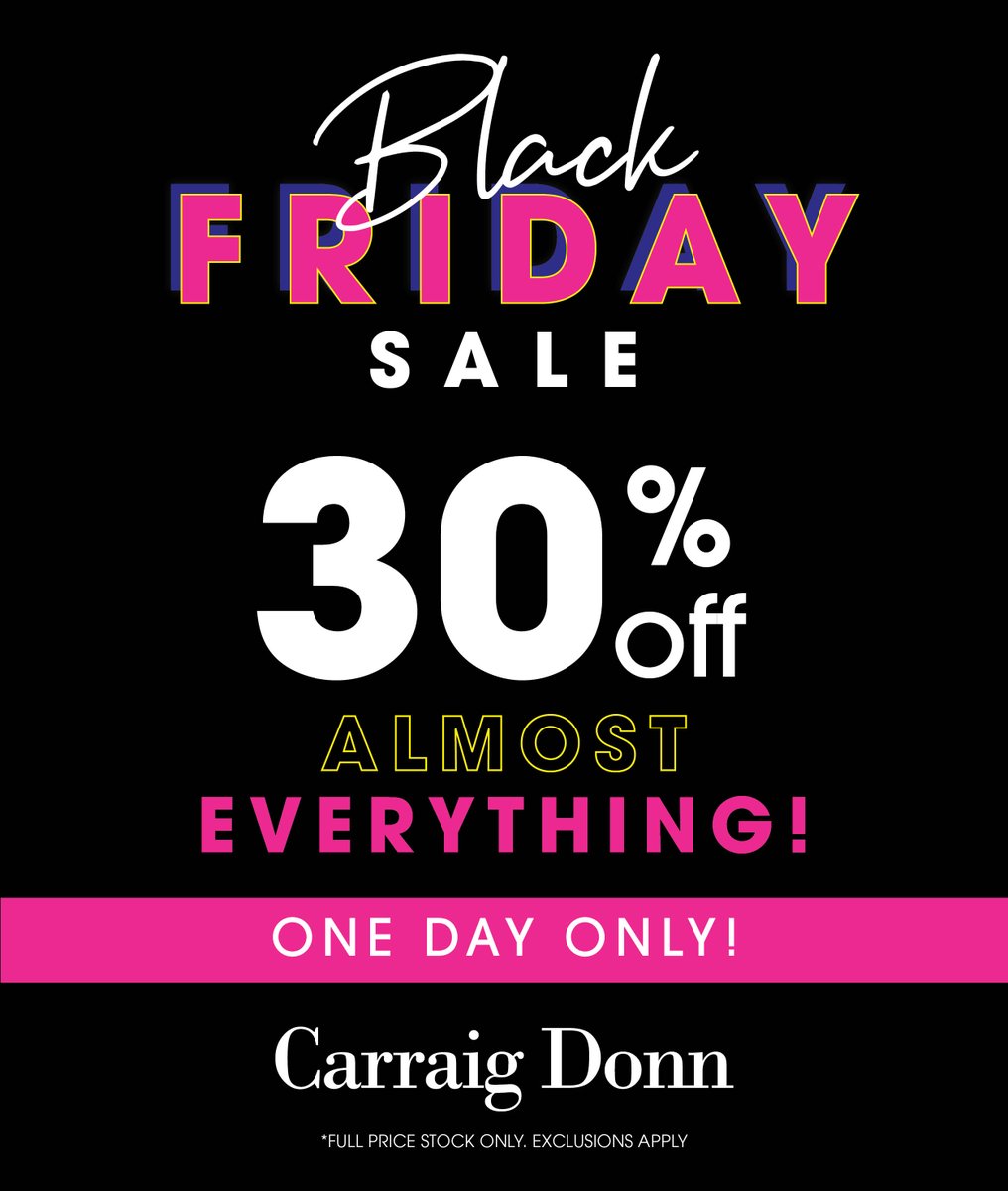 30% off EVERYTHING at @CarraigDonn for Black Friday! One day only!

Full price stock only. Exclusions apply.