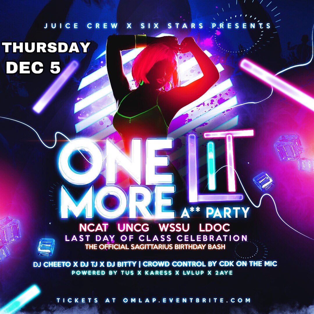 Lovely_nks's tweet photo. Thursday Dec 5th ‼️
#TUS Presents:
#LDOC 📚#OMLAP 🤗
Last Party Of The Semester We Need Everybody On They Bs 🤪
Music by: @DJCheeto_ || @IamDjTj919 || @708LitBit
Crowd Control by: @CDKonthemic
SECURE TICKETS
#NCAT #UNCG
https://t.co/sRMTsLaZPK
@iAmRonnyMontana 🔥 https://t.co/eFjj6S1by5