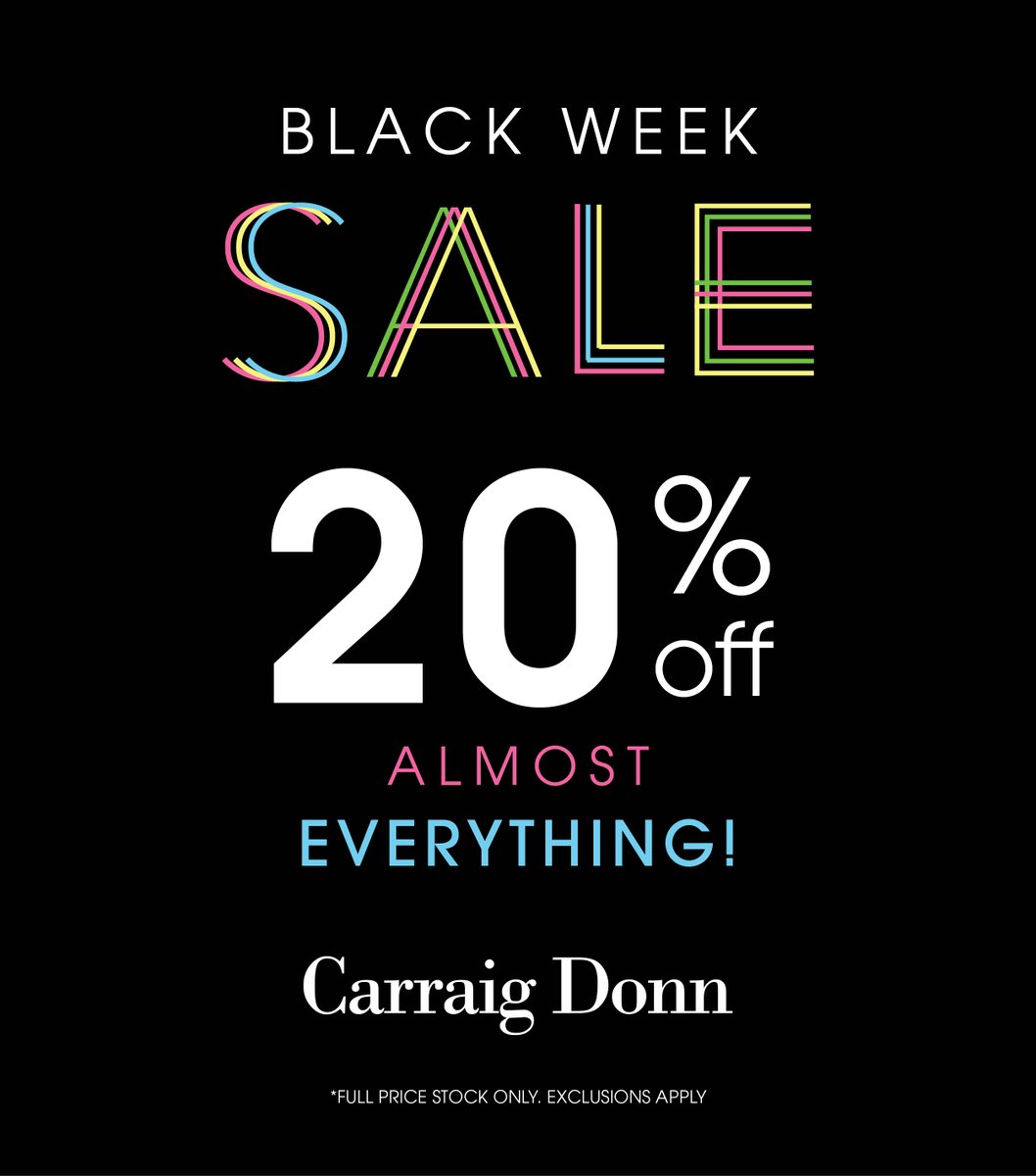 20% off EVERYTHING at @CarraigDonn for Black Week! Stock up on gifts and partywear outfits for Christmas!

Full price stock only. Exclusions apply.