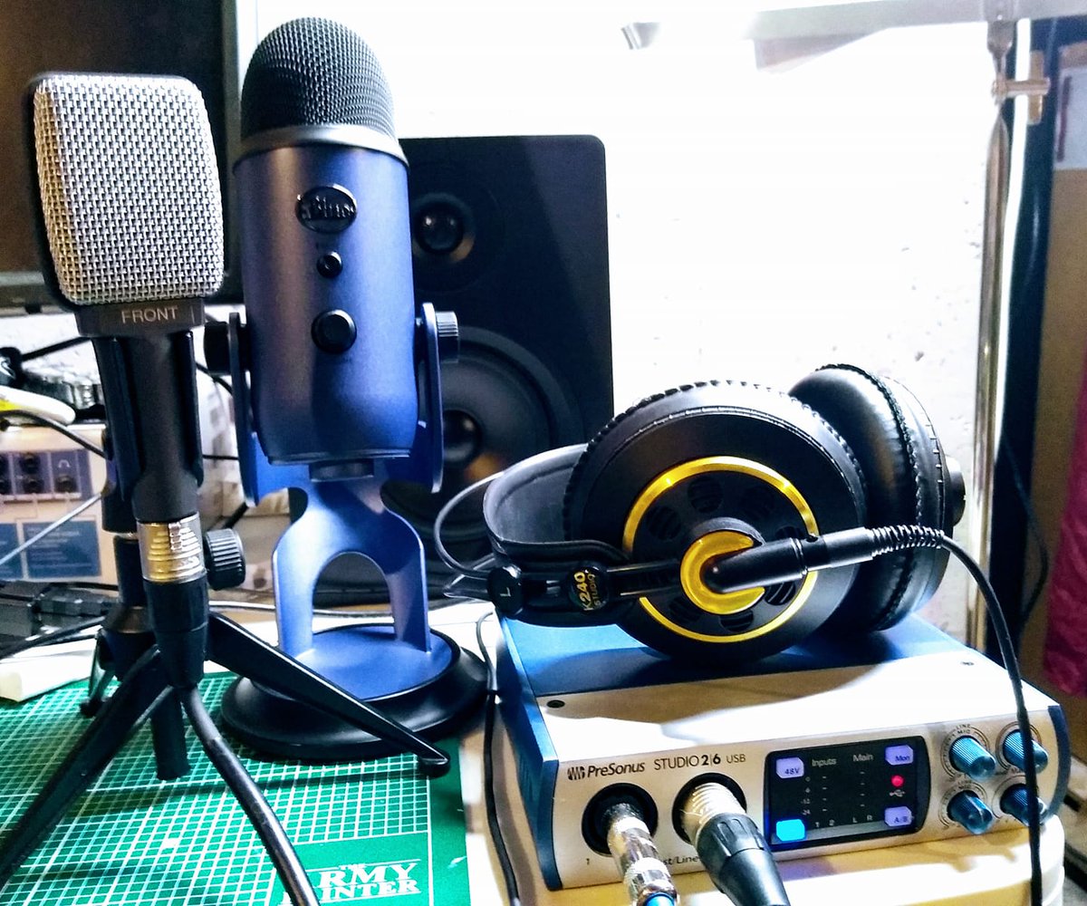 Kamicosmos's tweet photo. Picked up a Blue Yeti usb Microphone. Doing videos, Skype, Discord, the occasional Twitch Stream, I could use a decent mic for vocals. Here it is with some my other sound gear. #blueyeti #sennheiser #e609 #presonus #studio26 #akgk240 #headphones #audiointerface #homerecording https://t.co/KSzqR1lY8m