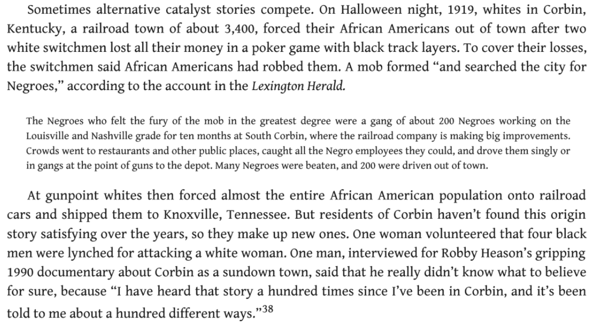 92) James Loewen describes these events in his landmark book _Sundown Towns_, which describes how 200 people were rounded up and put on a train to Knoxville because a couple of white men believed they had been cheated after losing their money in poker.  https://books.google.com/books/about/Sundown_Towns.html