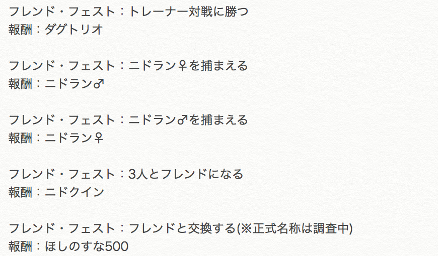 ポケモンgo攻略 Gamewith フレンドフェストのタスク追加情報 フレンド フェスト フレンドとポケモンを1回交換する 報酬 ニドリーナ フレンド フェスト トレーナー対戦に勝つ 報酬 ダグトリオorドードリオ Twitter