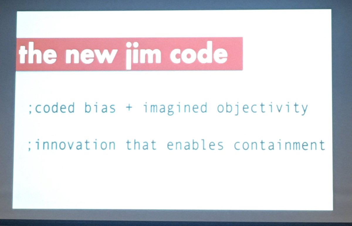 MArgentKatwala's tweet image. .@ruha9 defines the #NewJimCode 
🔻Coded bias + imagined objectivity 
🔻Innovation that enables containment

Characteristics:
🔻Engineered inequity
🔻Default discrimination
🔻Coded exposure
🔻Techno benevolence 

#RacistRobots