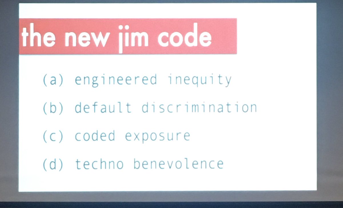 MArgentKatwala's tweet image. .@ruha9 defines the #NewJimCode 
🔻Coded bias + imagined objectivity 
🔻Innovation that enables containment

Characteristics:
🔻Engineered inequity
🔻Default discrimination
🔻Coded exposure
🔻Techno benevolence 

#RacistRobots