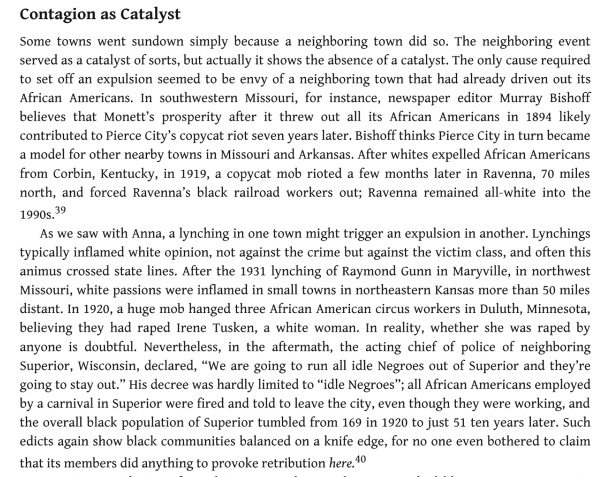 106) As James Loewen explains in his landmark work _Sundown Towns_, there was a kind of contagion caused by these events that spread from county to county, a kind of “envy that of a neighboring town that had already driven out its African Americans.” https://books.google.com/books/about/Sundown_Towns.html