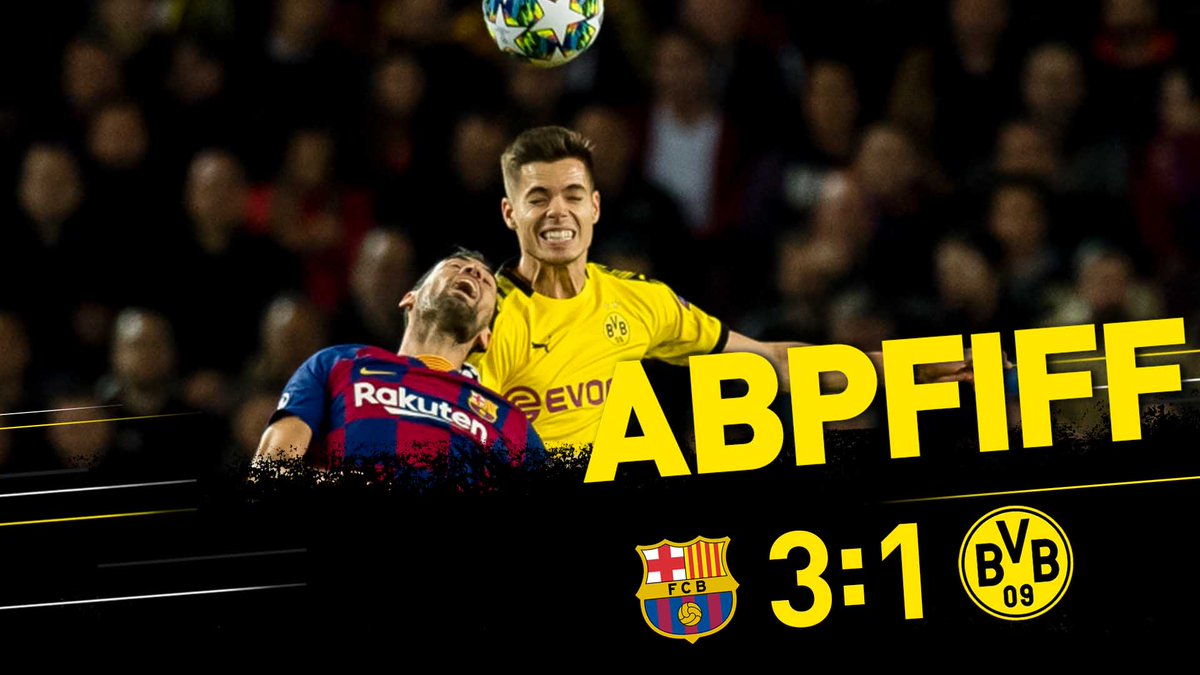 Borussia Dortmund (@BVB) on Twitter photo 2019-11-27 21:51:32 90. Min: Abpfiff in Barcelona. #BarcaBVB 90. Min: Abpfiff in Barcelona. #BarcaBVB