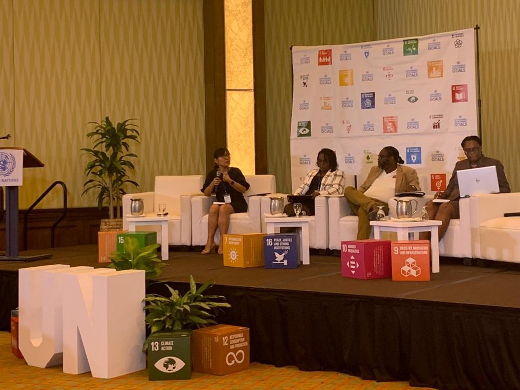 Panelists from Antigua and Barbuda, Barbados and St. Kitts and Nevis discuss the blue and green economies, youth employment and education and sustainable economic development.