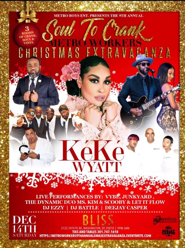 thyselfbtru's tweet image. ✨METRO BOYS  ENTERTAINMENT
PRESENTS, THE 9TH  ANNUAL  OFFICIAL METRO WORKER'S✨
"CRANK &amp;amp; SOUL" CHRISTMAS EXTRAVAGANZ‼️🗣FOR ONLINE $40 TIX &amp;amp; VIP TABLES GO TO: https://metroworkers …annualxmasextravaganza.eventbrite.com
SAT.|12.14|9PM-3AM
BLISS NIGHT CLUB
🗣4/$25 TIX, VIP &amp;amp; TABLES 
301.747.1618