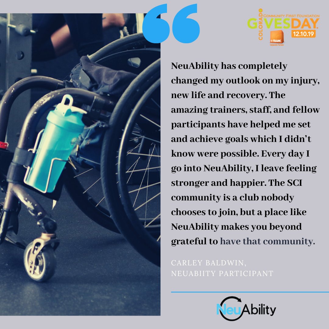Giving back to NeuAbility means giving strength, hope, a new outlook &amp; community to our inspirational participants. There are less than 2 WEEKS to go until #COGivesDay, but you can schedule your donation right now!  ❄️coloradogives.org/neuability #neuability #sci #giveback