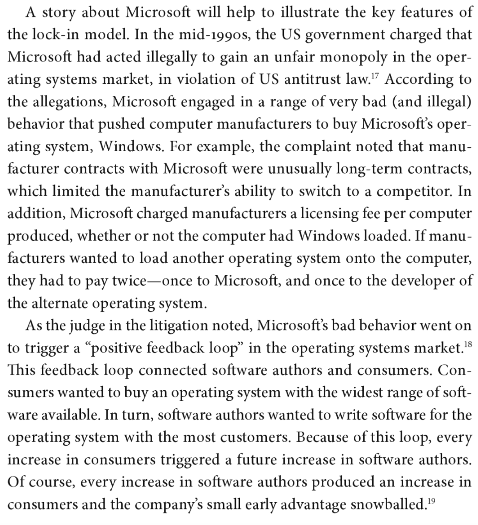 136) Importantly, cartel behavior features what’s called “lock-in,” the model of which is used by economists and scholars to explain why an early lead for one technology can persist even when a superior alternative attempts to supersede it in the marketplace. Look at Microsoft.