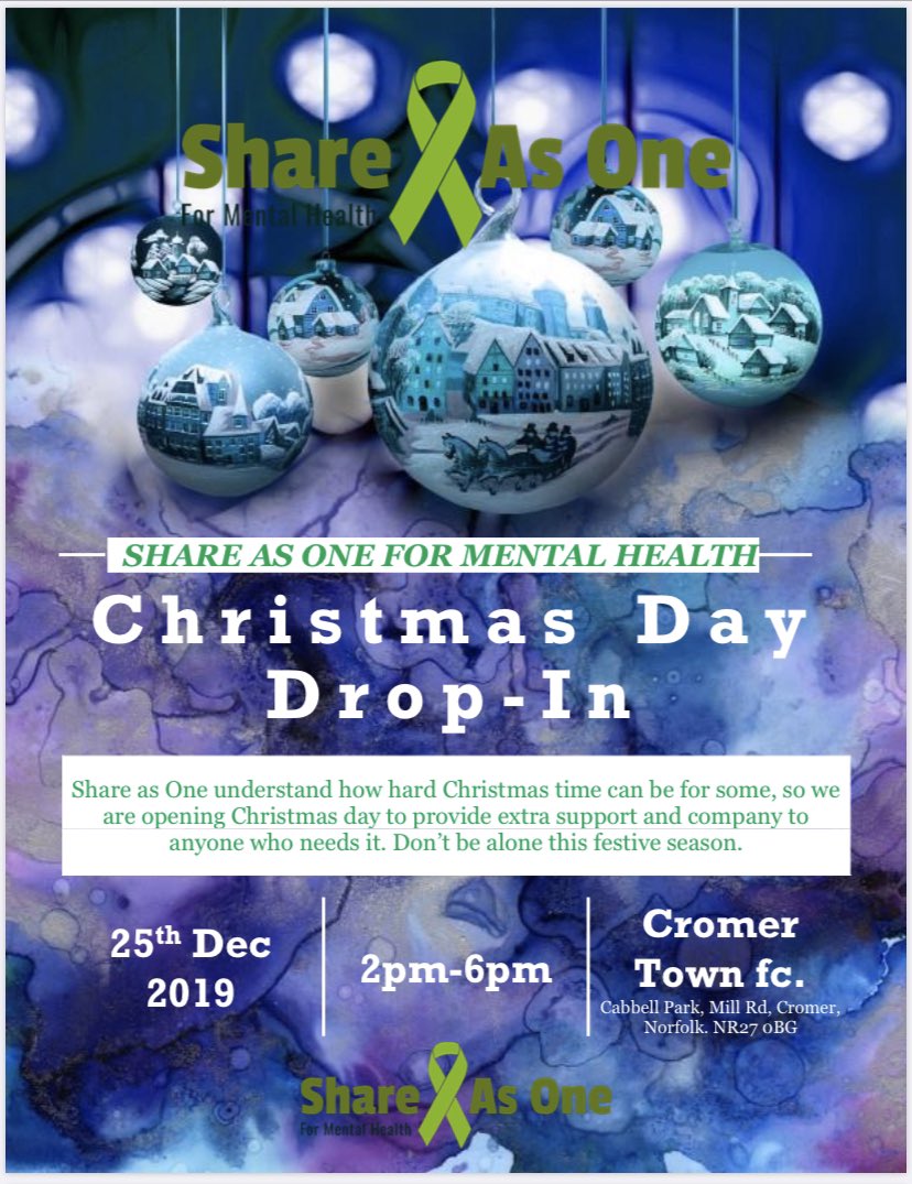 1/2 Share as One understand how hard Christmas time can be for some, so we are opening on Christmas Day from 2pm-6pm at Cromer town fc to provide extra support and company to anyone that needs it. facebook.com/events/2824808…