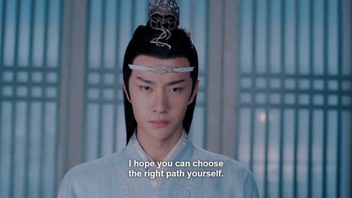 Same as here. For all that lxc shared about lwj in ep 43, he talked around lwj's feelings for wwx, not directly. Here, his uncle is saying it as plainly as they can with censorship – falling in love with the wrong person will destroy you the same way it destroyed your father