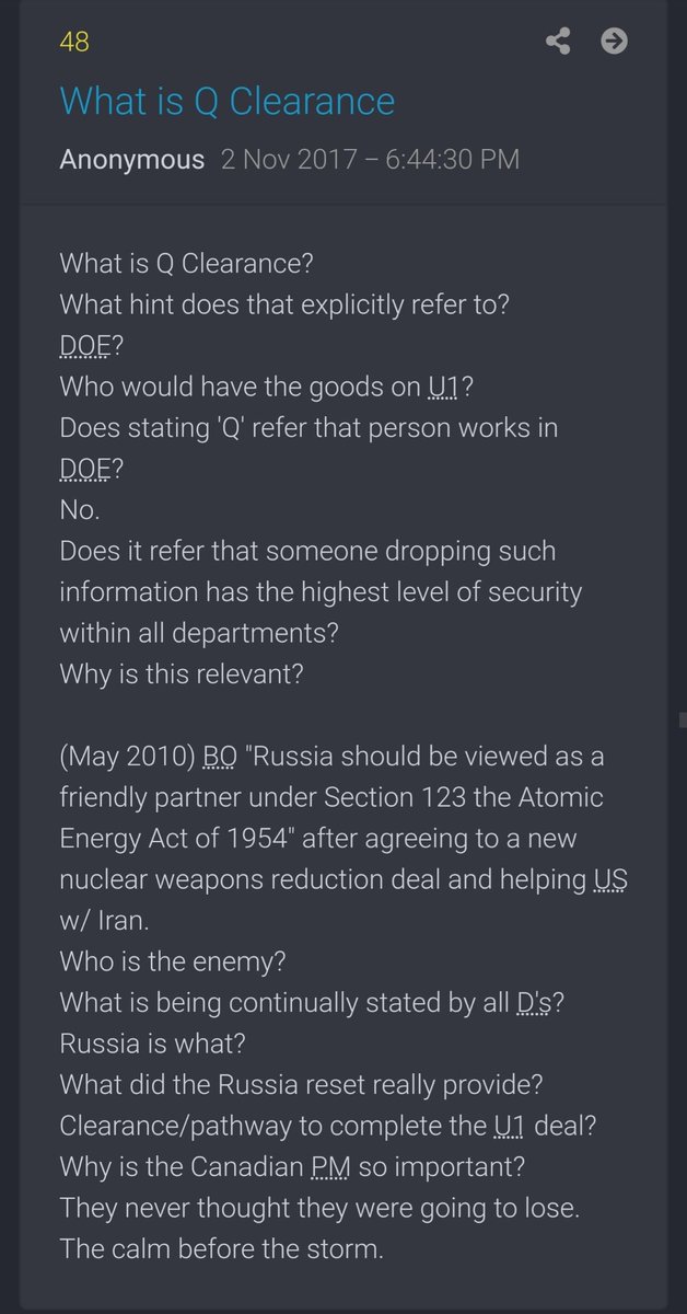 27/ Forgot to mention that Q told us on Nov 2 2017 that Q is a group of people who call them selfs this. Some defence, some NSA, some USSS and probably somebody from the DOE. Energy.Department of Energy. That's the department with the highest sec clearances.