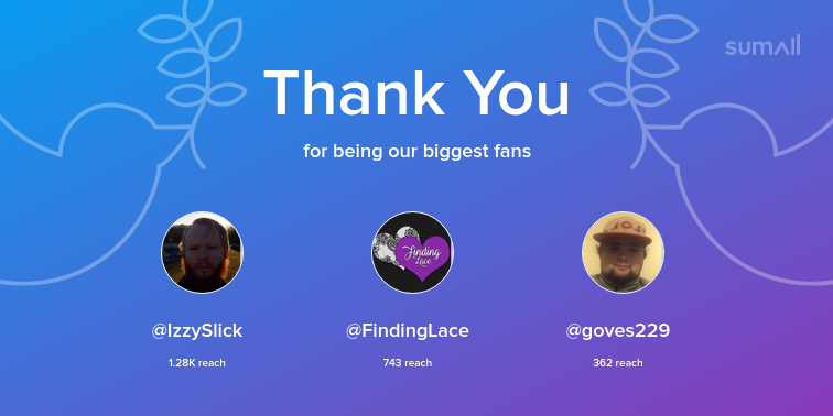 Our biggest fans this week: IzzySlick, FindingLace, goves229. Thank you! via sumall.com/thankyou?utm_s…