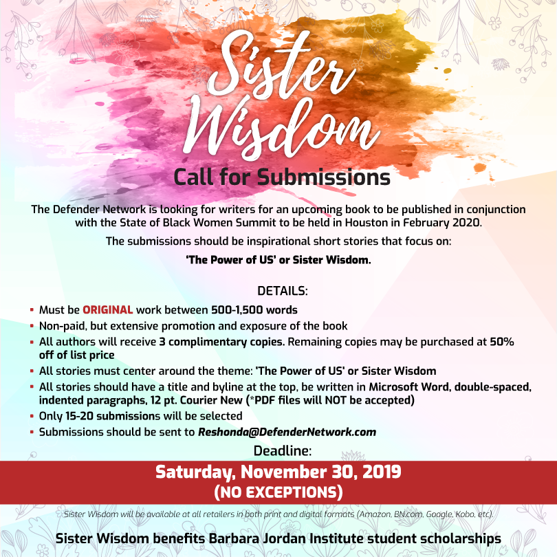 MargoWH's tweet image. Sisters, have you submitted your inspirational short story? The deadline is Sat., Nov. 30, to submit an entry for the new book produced by the Defender -- 'Sister Widom.' defendernetwork.com/entertainment/…