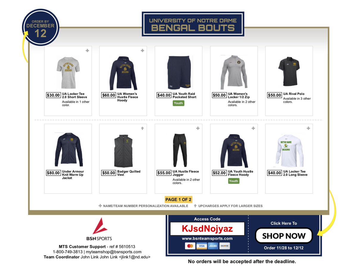 Bengal Bouts Online Store is Live!

We've got gear, "90th annual" apparel, color options, women &amp; children alternatives! Ships directly to you!

Link is below:
bsnteamsports.com/shop/KJsdNojya…