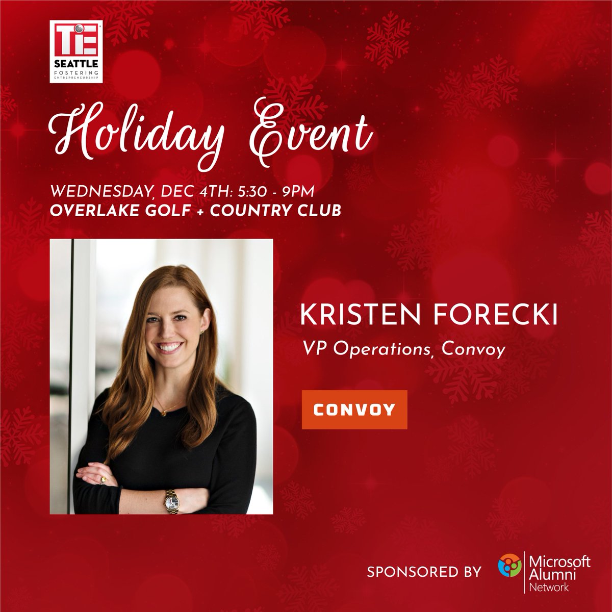 SeattleTiE's tweet image. Join us for the holiday event | Dec 4 for dinner with #Seattleunicorns!
We are thrilled to have Kristen Forecki, VP operations, Convoy. 
Reserve your spot - hub.tie.org/e/holidayevent…
Sponsored by #MicrosoftAlumniNetwork

#entrepreneurship #founders #leaders #Holidayevent19