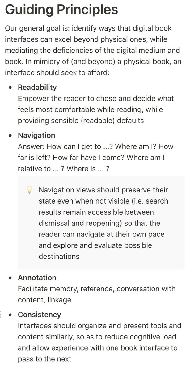 Screencap of Notion document showing guiding principles around the readability, navigability, and annotability of an interface