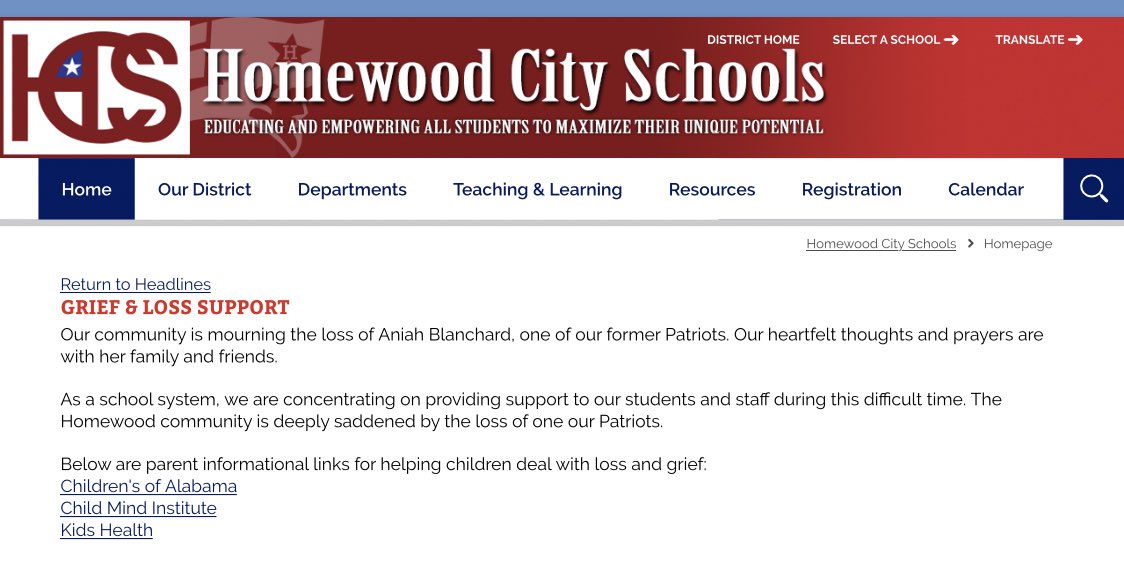 HomewoodSchools's tweet photo. Our community is mourning the loss of Aniah Blanchard, one of our former Patriots. Our heartfelt thoughts and prayers are with her family and friends. 

As a school system, we will be  concentrating on providing support to our students and staff during this difficult time. https://t.co/QUtEiVCVZ1