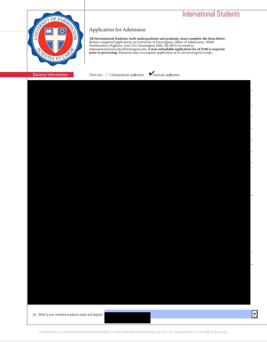 Since modest interest has developed in this tale, here is a redacted version of the fake ICE university’s application form ...