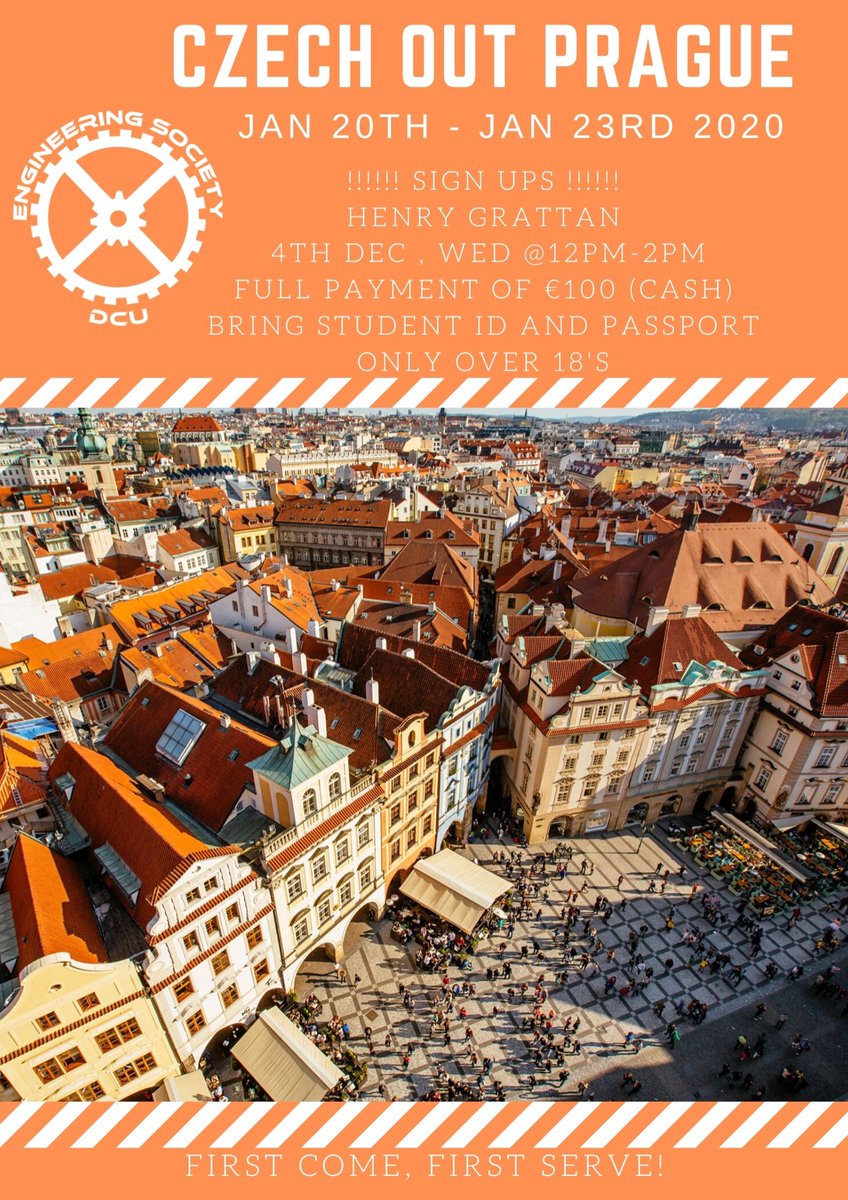 📍 Czech Out Prague Announcement 📍 

This year our trip will be to the beautiful capital city of Czech Republic, Prague! Sign ups will be held in The Street, Henry Grattan @ 12pm-2pm on 4th December, Wednesday. We have a great itinerary planned out for yous so see yous soon! 😎