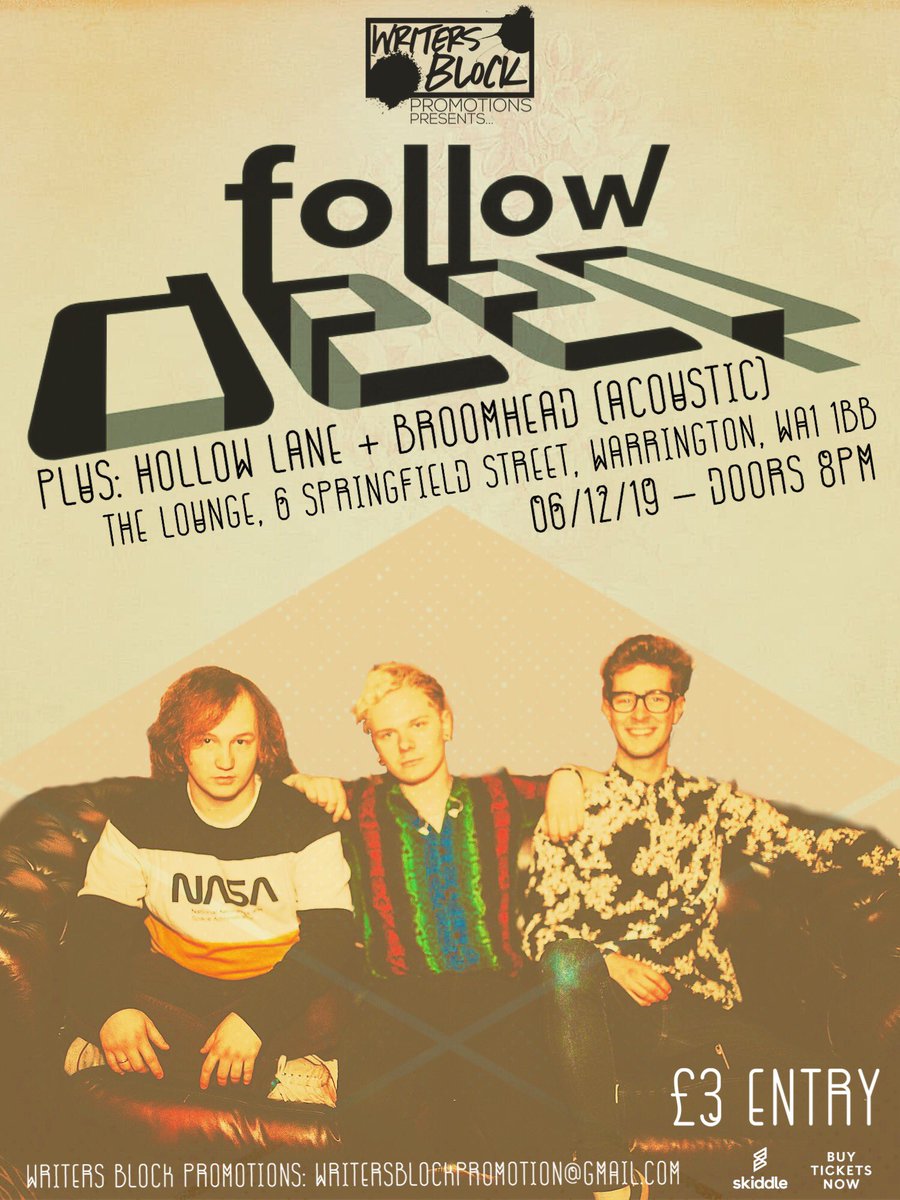 Our first gig at <a href="/theloungebar/">The Lounge</a> with
<a href="/FollowDeepUK/">FOLLOW DEEP</a> + <a href="/HollowLaneMusic/">Hollow Lane</a> + <a href="/dbroomheadmusic/">Broomhead</a> 06/12/19 
Tickets: skiddle.com/e/13692409 

#Livemusic #Warrington #WBPromotion