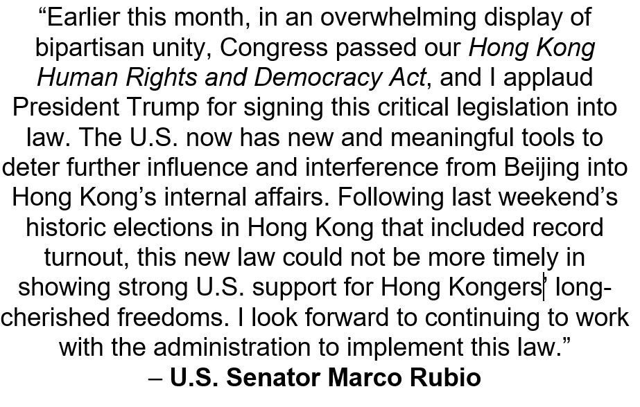 Senator Marco Rubio applauds @POTUS for signing his #HongKongHumanRightsandDemocracyAct. Statement ⬇️