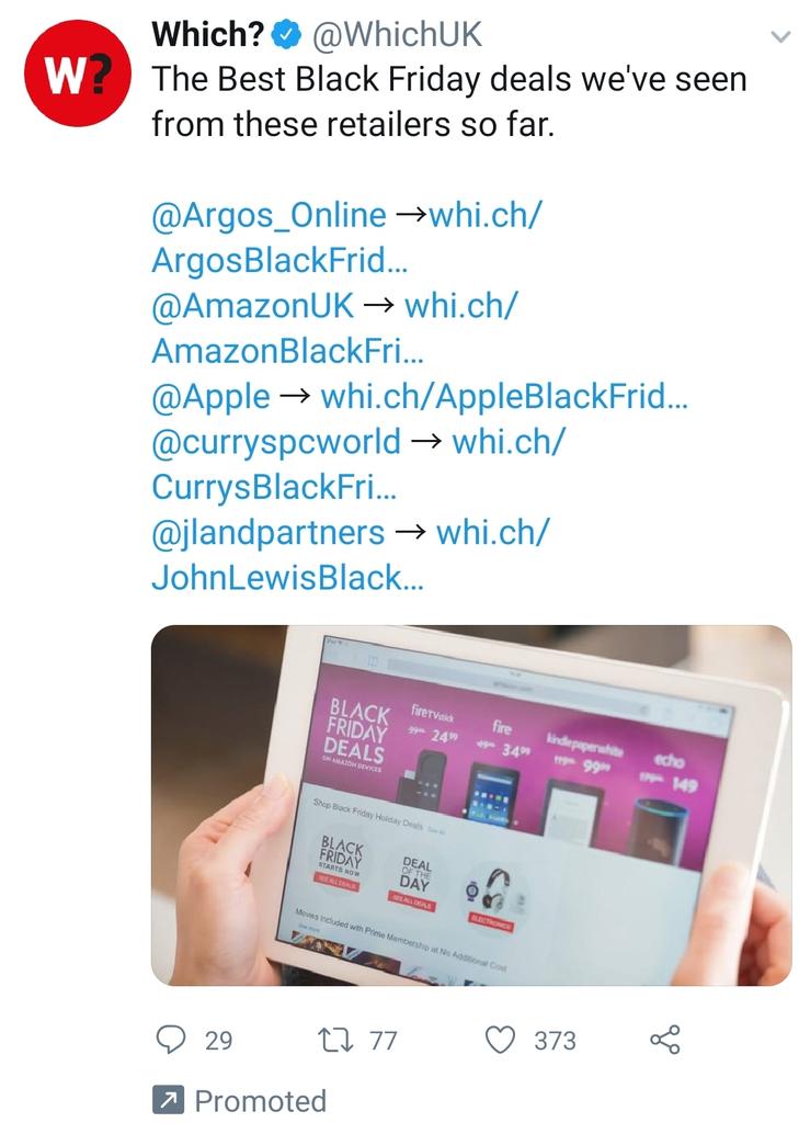 "Which?" have been in the news this week (reaching the BBC news homepage even), criticising Black Friday Deals, yet here they are promoting a tweet referencing some of the brands they were criticising.Why might they do that? (a short thread...)