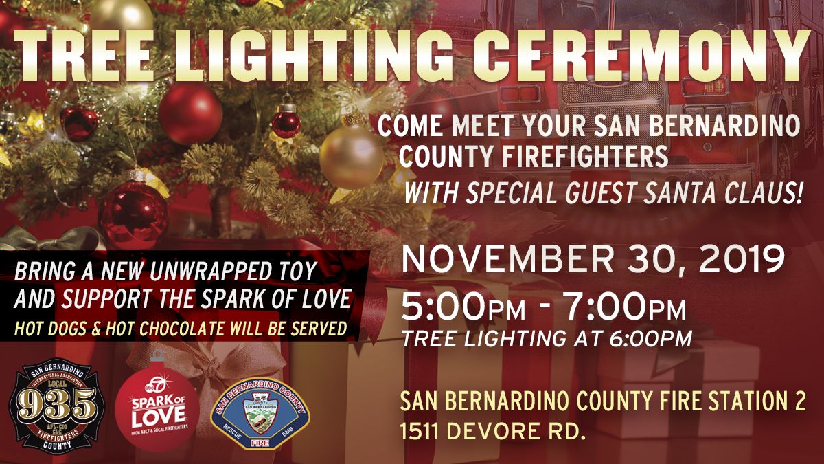 SBCOUNTYFIRE's tweet photo. Join your #SBCoFD firefighters this Saturday (11/30) from 5-7pm for our Christmas Tree Lighting 🎄 at Station 2 in the community of Devore! Bring a new, unwrapped toy 🧸 &amp; support the Spark of Love Toy Drive. And make sure the kids meet Santa! 🎅

RSVP 👉 https://t.co/UZrrsyxBi5 https://t.co/84XOiG3HOB