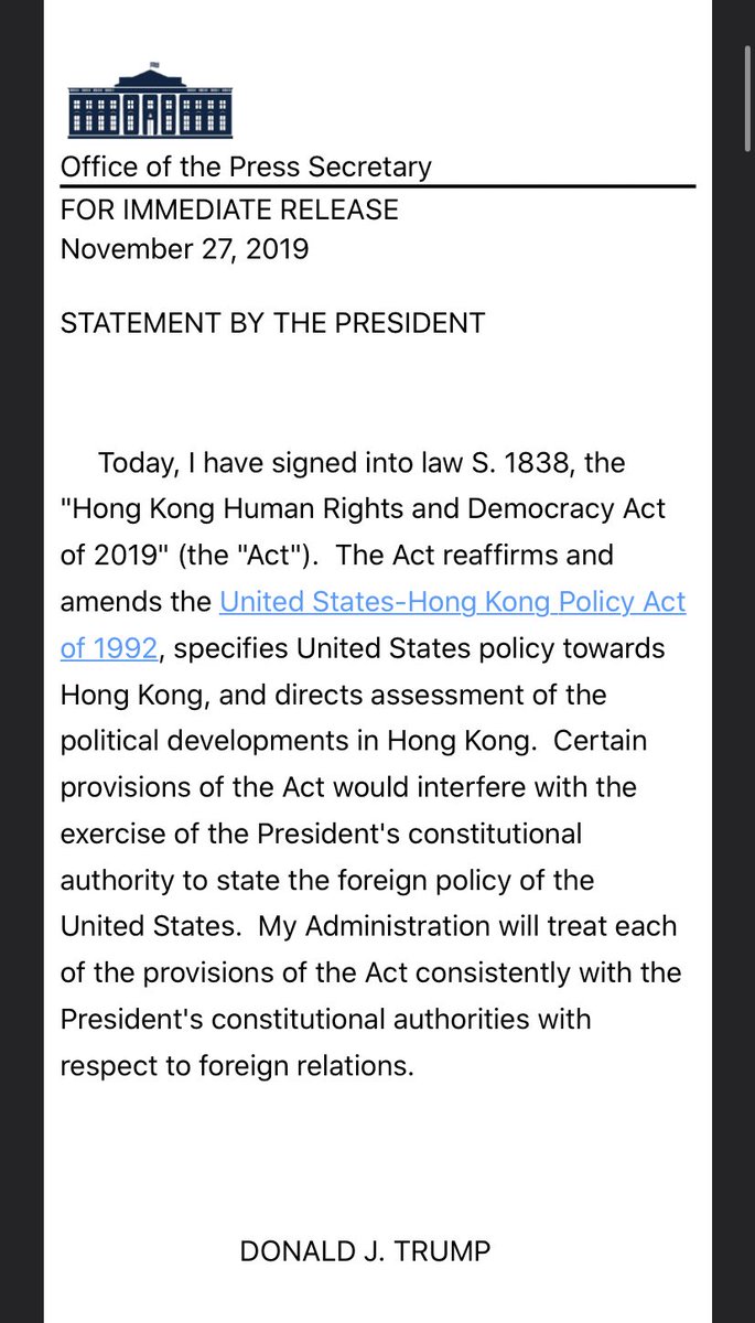 RamyInocencio's tweet photo. BREAKING: U.S. President Donald Trump has signed the Hong Kong Human Rights and Democracy Act into law after both houses of Congress strongly supported and passed their versions of the legislation. Read below. @CBSNews is here. #HongKong #HongKongProtests https://t.co/NtDQzOnrrl
