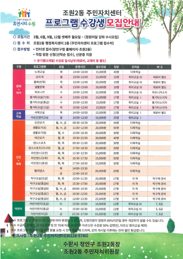 2020.1분기 조원2동 주민자치센터 프로그램 수강생 모집 안내드립니다.~! 
다가오는 새해에도 많은 분들이 함께 해주시면 더 기쁜 새해를 맞이할 수 있을 거같아요.