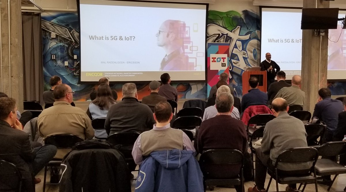waltofk's tweet photo. aand we're off at #iotottawa #iot613 #iot meetup ... Mal Raddalgoda of @ericsson kicking it off, level setting everyone on #5G ... it means the Internet of Things on an industrial scale. https://t.co/8DgqPXNUiV