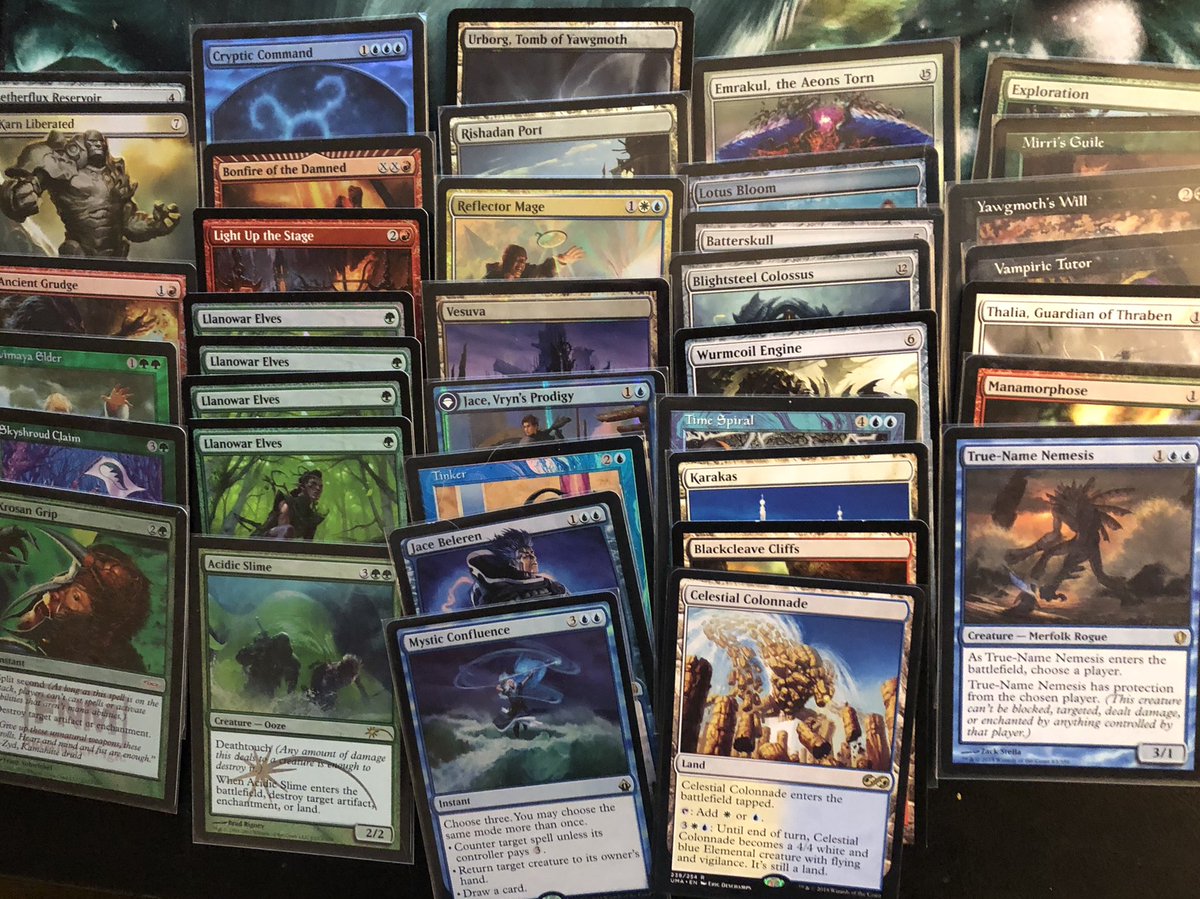 Chosler's tweet photo. Help me get this stuff off my desk! I’ll send a free WPN promo Path to Exile to a random retweeter (2 if you follow me). Everything in the left 3 rows is foil. DM for prices. Thanks! https://t.co/iYO5hO0HKH
