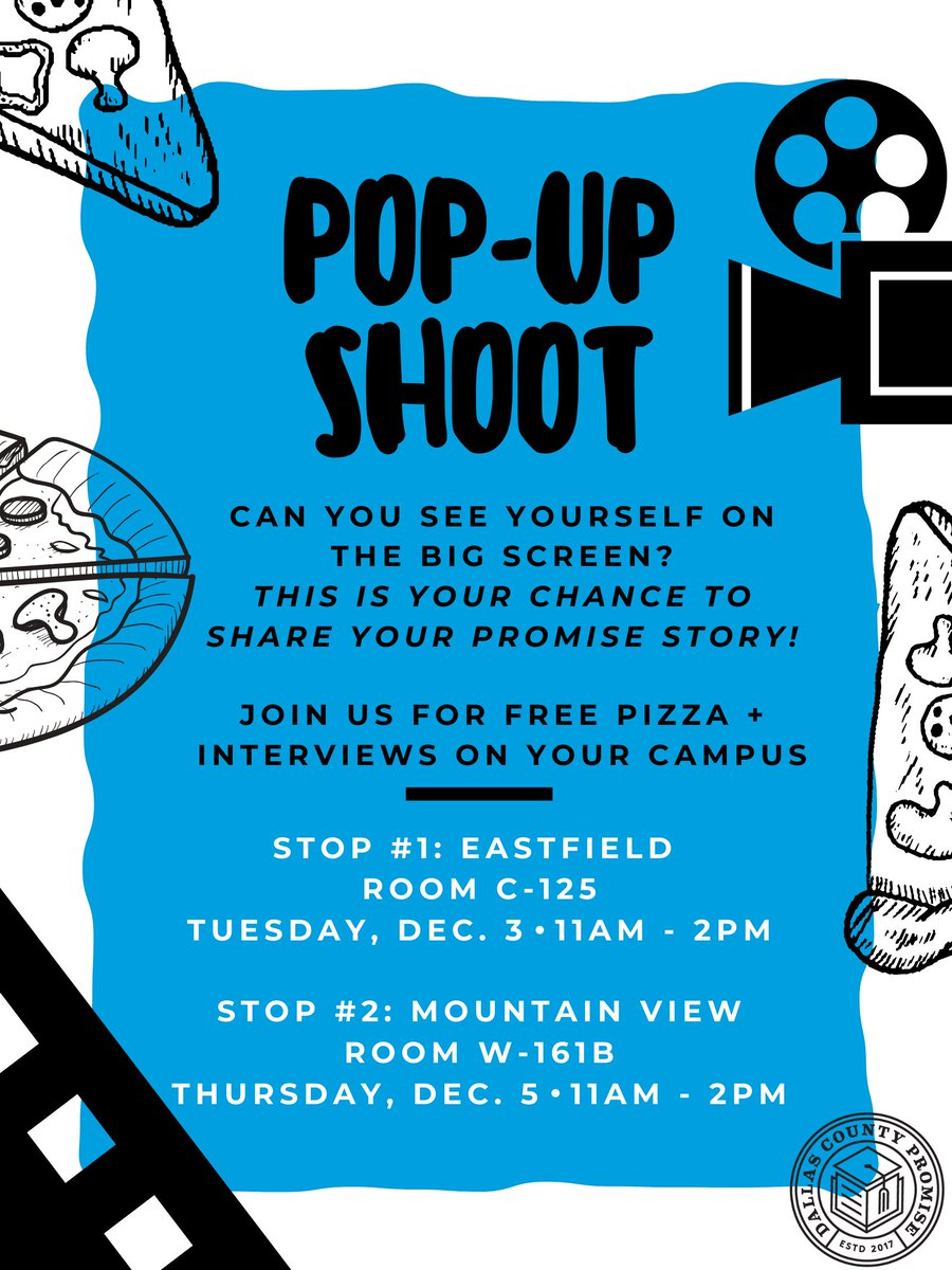 DallasCoPromise's tweet image. Calling all Dallas County Promise Scholars at @EastfieldDCCCD and @MVConline! Next week, we are stopping by EFC and MVC with pizza and snacks to hear stories from YOU. Stop by from 11am-2pm for a slice and a few minutes of camera time!