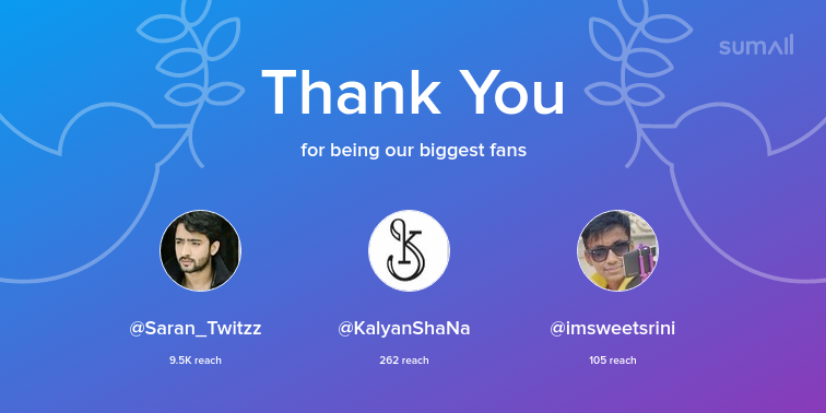 Our biggest fans this week: Saran_Twitzz, KalyanShaNa, imsweetsrini. Thank you! via sumall.com/thankyou?utm_s…