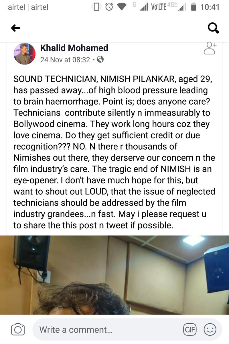A 29 year old Sound Engg has suffered a brain haemorrhage and died. Whom do we hold responsible?Thread: The film industry contorts labour laws and practices into weird demons that hurt everyone but the moneyed people.1/6