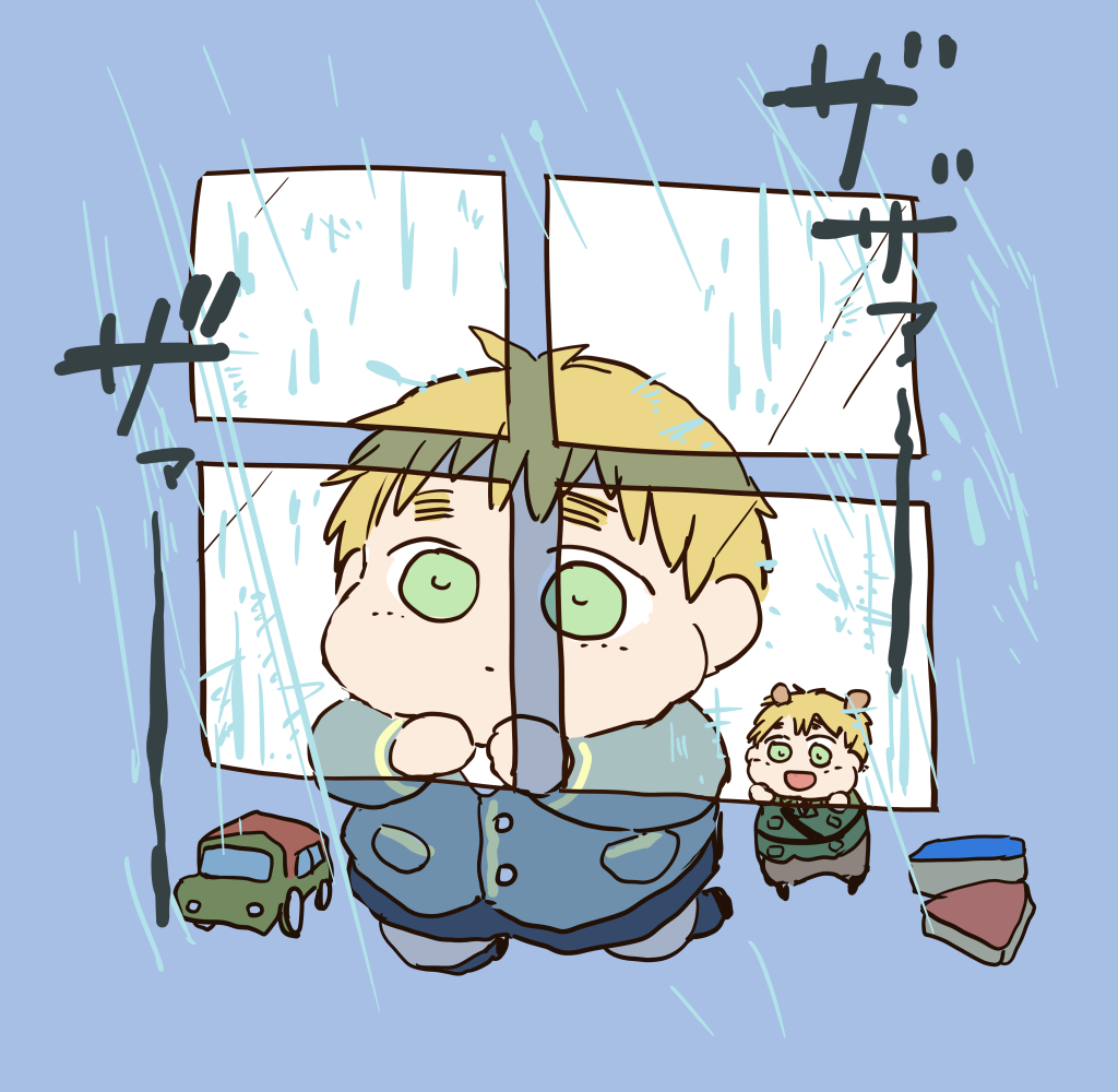 male focus blonde hair green eyes rain chibi short hair multiple boys  illustration images