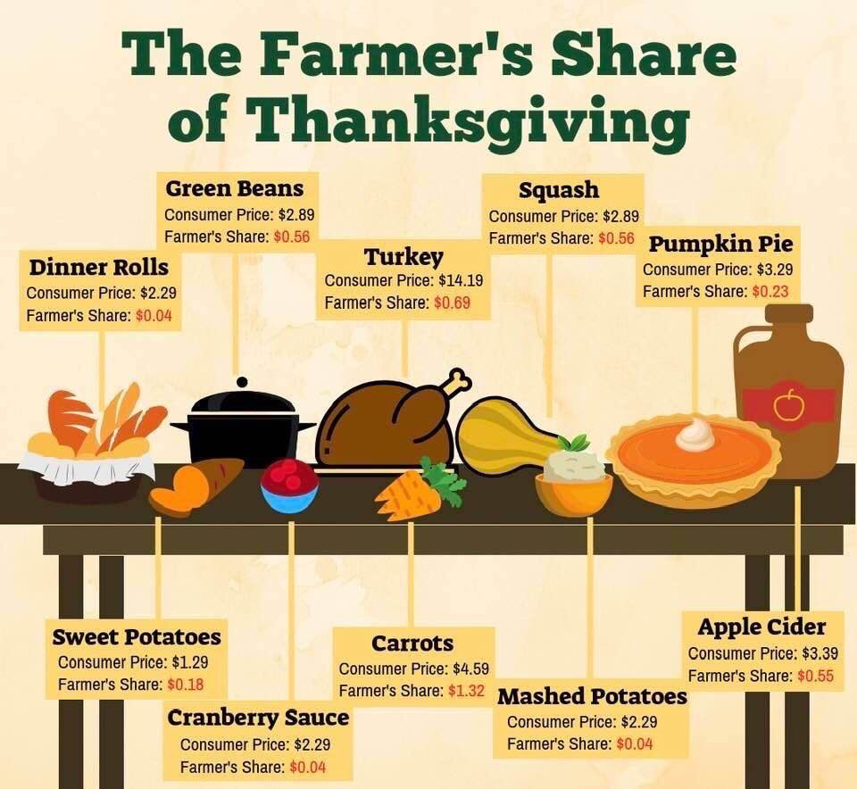 As we prepare our Thanksgiving meal, be sure to thank the farmer who grew the crops and raised the livestock to bring you a nutritious, affordable meal. Check out what we on the farm receive of the retail price. Support local agriculture and enjoy a wonderful day of thanks!