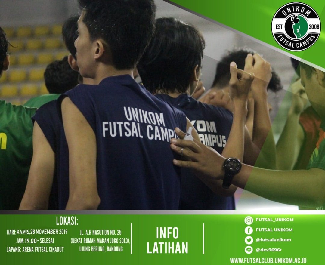 [info Latihan]
Hari: kamis, 28 November 2019
Jam: 19.00 - selesai
Lapang: Arena Futsal Cikadut

Jl. A.H Nasution No. 25 ,Ujung Berung, Bandung