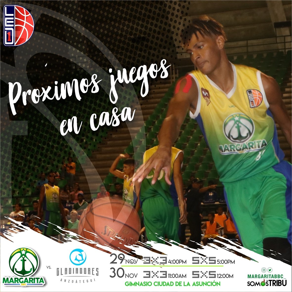 Margaritabbc_'s tweet photo. Jugamos en casa🏀💚
.
.
Este fin de semana tendremos la serie ante @gladiadoresbbc 
.
.
Viernes 29 Nov. 
3x3 | 4pm 
5x5 | 5pm 
.
Sábado 30 Nov.
3x3 | 11am
5x5 | 12m
.
.
Entrada gratis 👏🏼
.
#RutaGuaqueri  de @busmargaritave 
. https://t.co/ifXrkZ5wvT