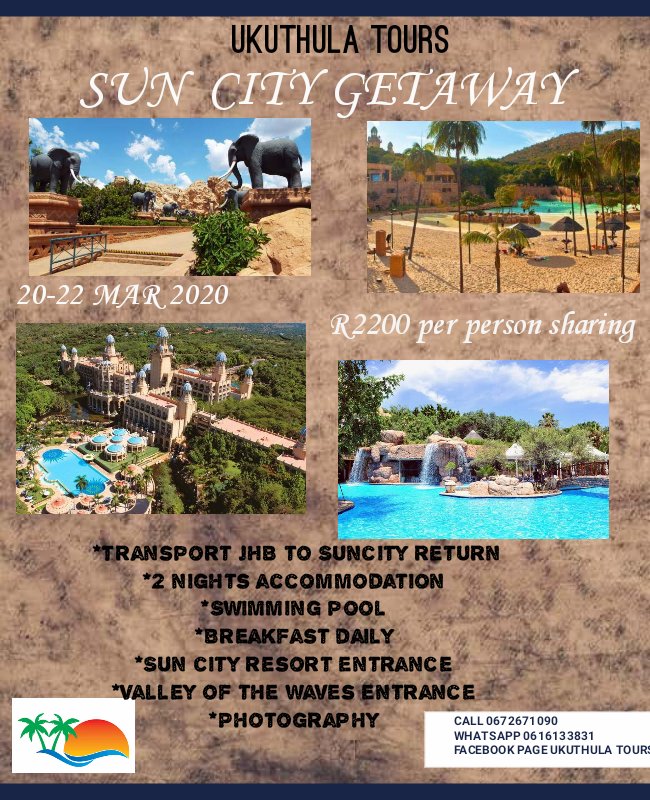 UkuthulaTours1's tweet photo. Suncity Getaway 🔥
A weekend away at the Sun City Resort ☀ 
#Suncity #northwest #Travel #holidaytravel #resort # https://t.co/59nDzw1ttr