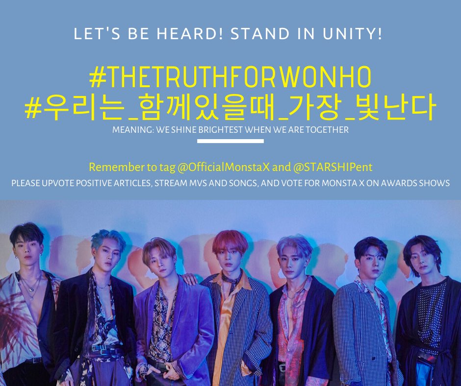 MonstaX_China's tweet photo. 【191128 12AM KST推特话题更新】

#TheTruthForWonho
#우리는_함께있을때_가장_빛난다
@OfficialMonstaX

📣请贝贝们带上tag发送推文，积极参与💙活动，为MX应援！

下雨的话记得带上伞，刮风的话记得带上围巾；坚持不住的话记得带上对他们的爱。 https://t.co/CKTwho86Sk