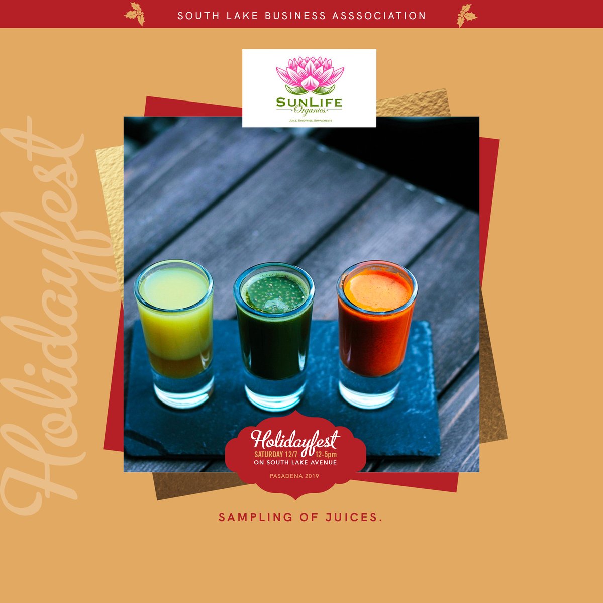 SouthLakeAvenue's tweet photo. Shots, Shots, Shots, Shots! Well, the ones that are good for you 😜 will be available for sampling at SunLife Organics at our Holidayfest 2019 event! #sunlifeorganics #juices #juicing #southlakeavenue #holidayfest2019 #shots #healthyliving #instorepromo #pasadena #losangeles https://t.co/ygOURNwtyd
