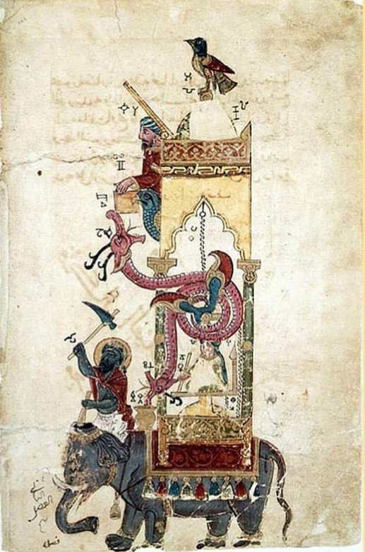 Have you ever heard of the Elephant clock ??(A Thread)It was invented by Al-Jazari in the 12th century.The timing mechanism is based on a water-filled bucket hidden inside the elephant. The various elements of the clock are in the housing on top of the elephant.