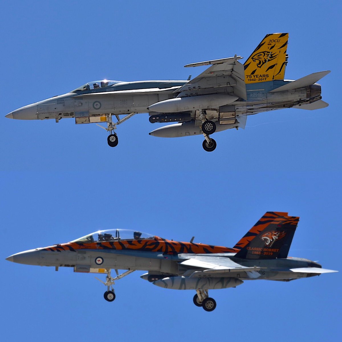 Shinpow16's tweet photo. A21-16 and A21-116 adding some colour to the Townsville sky #ausairforce #2OCU https://t.co/dyJ3pus2dv