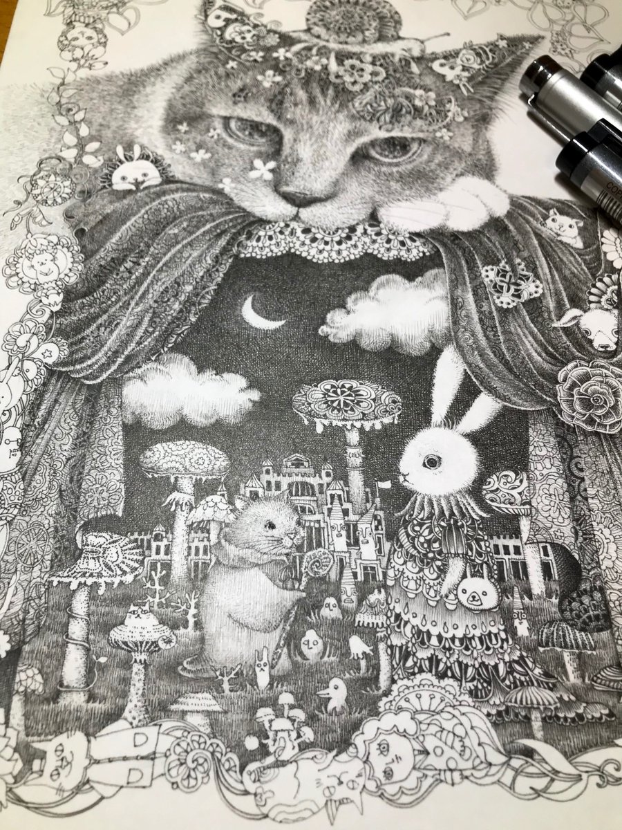 ひとまず完成♩ B5サイズ ペン画、主に5本の0.03㎜コピックで描いて