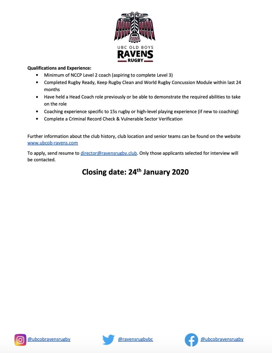 Ravens are starting the search for a new head coach. Please share the below, and if interested reach out to: director@ravensrugby.club